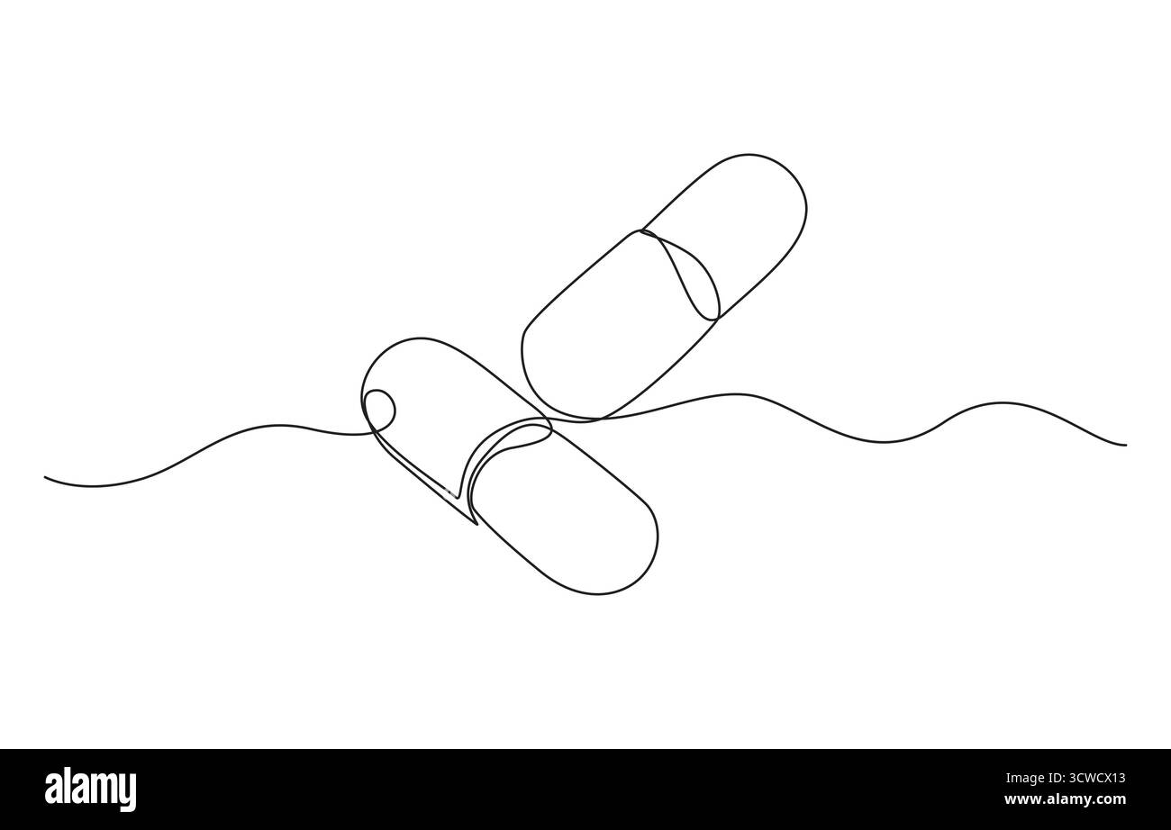 Disegno continuo di una linea della capsula. Illustrazione vettoriale compressa di medicina disegno continuo di una linea.linea singola di capsule di linea continua Illustrazione Vettoriale