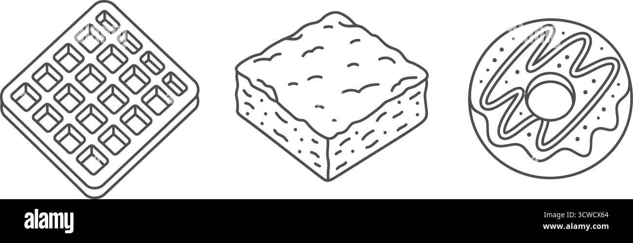 Waffle fatti a mano, brownie e ciambelle dolci da colazione in stile doodle Illustrazione Vettoriale