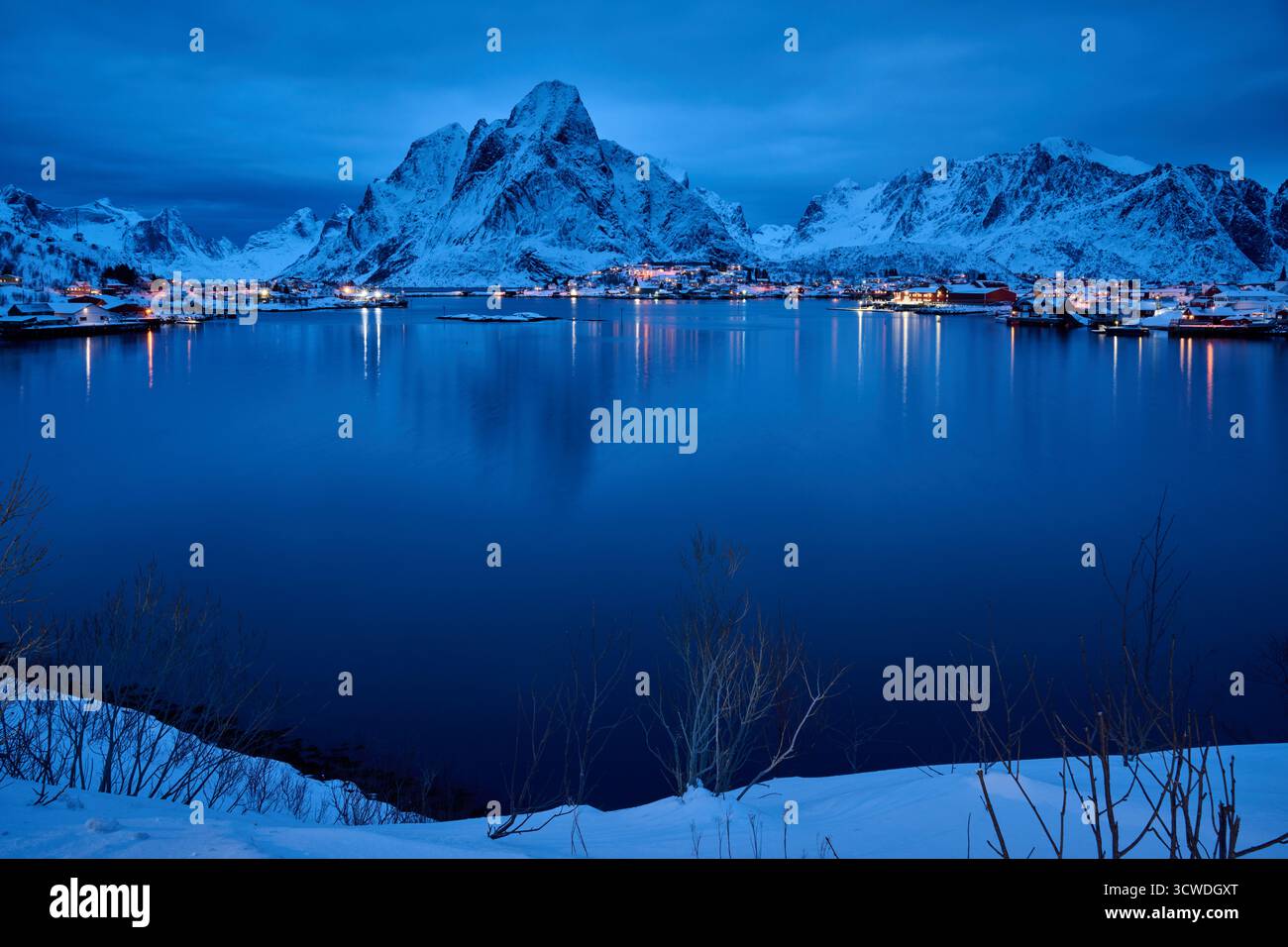Ripresa notturna di Reine illuminata con paesaggi invernali e montagne, Lofoten, Norvegia, Europa Foto Stock