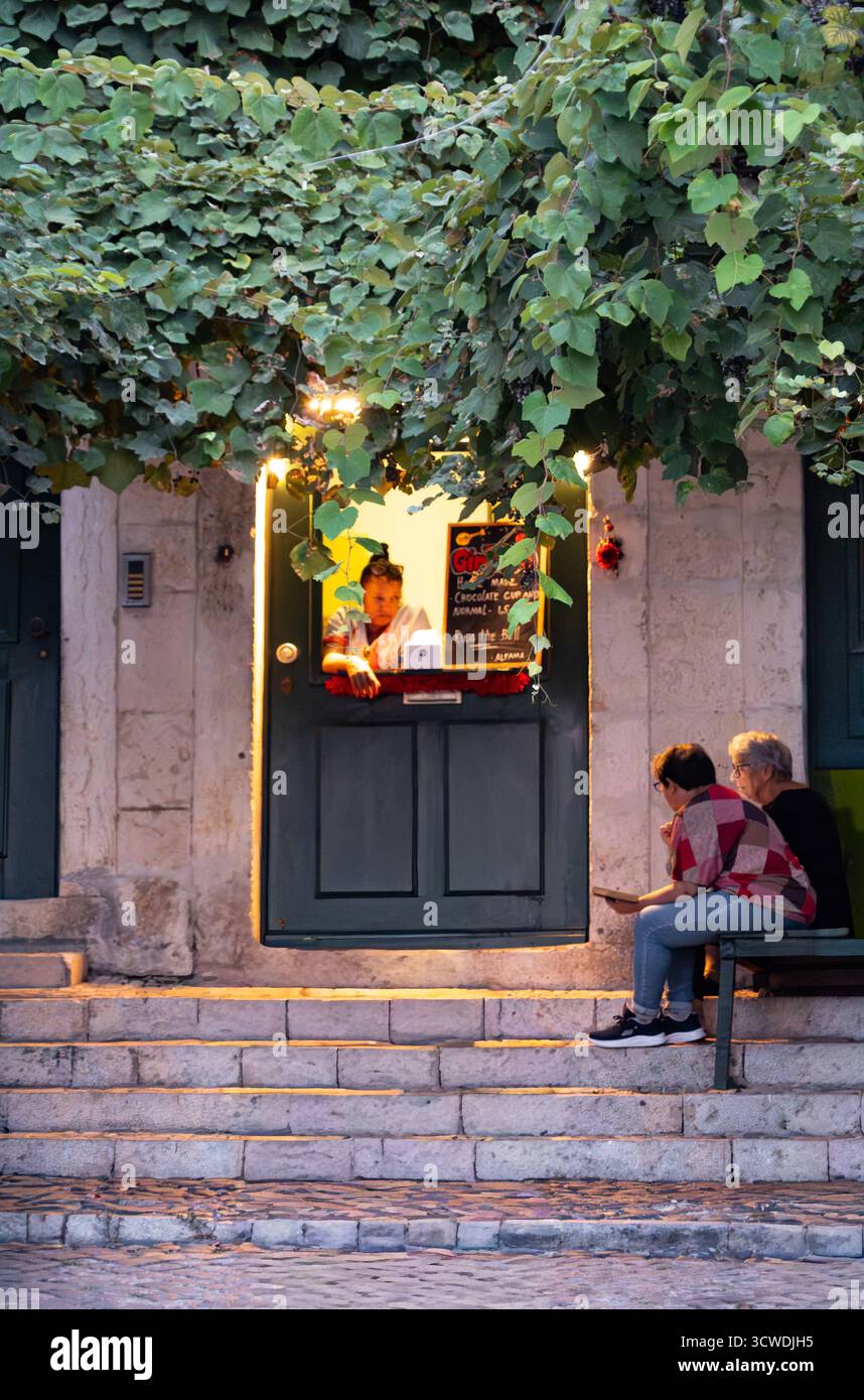 Lisbona segreta, Portogallo. Conversazione serale sotto le foglie di vite a un portone luminoso nel quartiere dell’Alfama di Lisbona Foto Stock