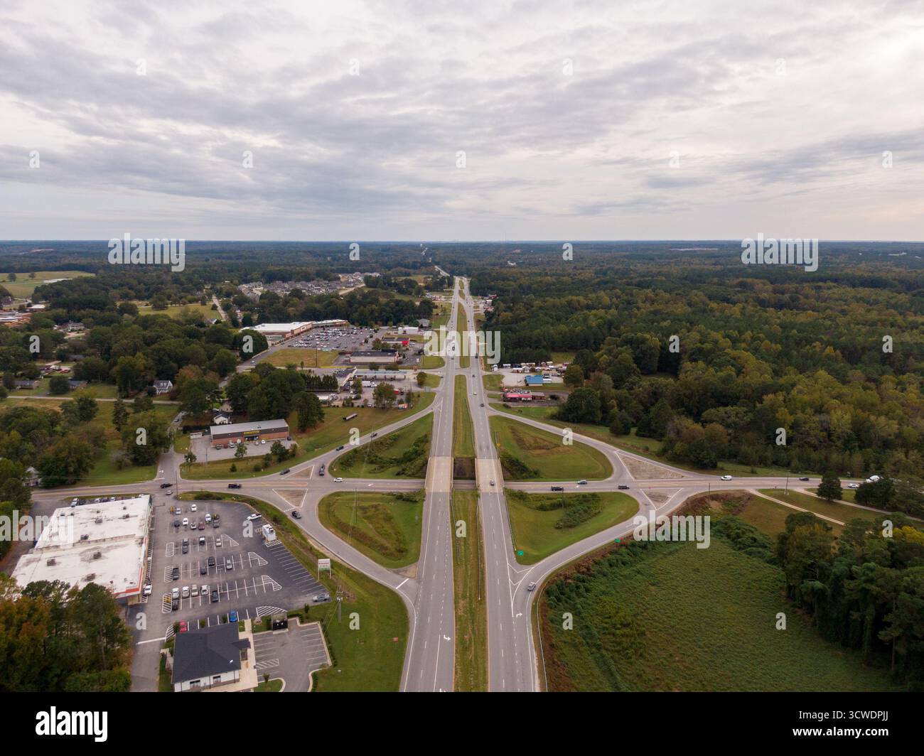 Vista aerea dello svincolo autostradale di Franklinton, North Carolina, Stati Uniti Foto Stock