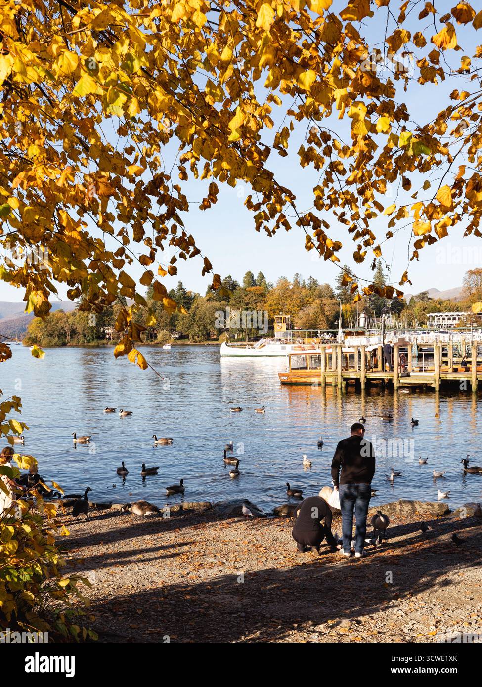 UK 11 ottobre 2025 UK Meteo Lago Windermere Cumbria ..Bowness Bay soleggiato fine settimana turisti gelati, gite in barca sul M.V Tern costruito 1891 e, foglie autunnali Credit Gordon Shoosmith/Alamy News Live Foto Stock