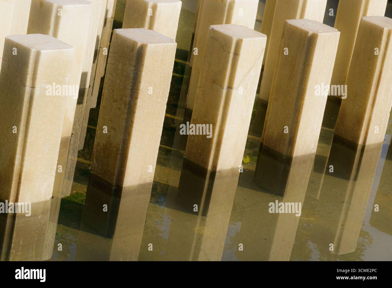 Primo piano di colonne verticali in pietra riflesse nell'acqua ferma durante l'ora d'oro. La composizione evidenzia la geometria architettonica, il vertice della superficie Foto Stock