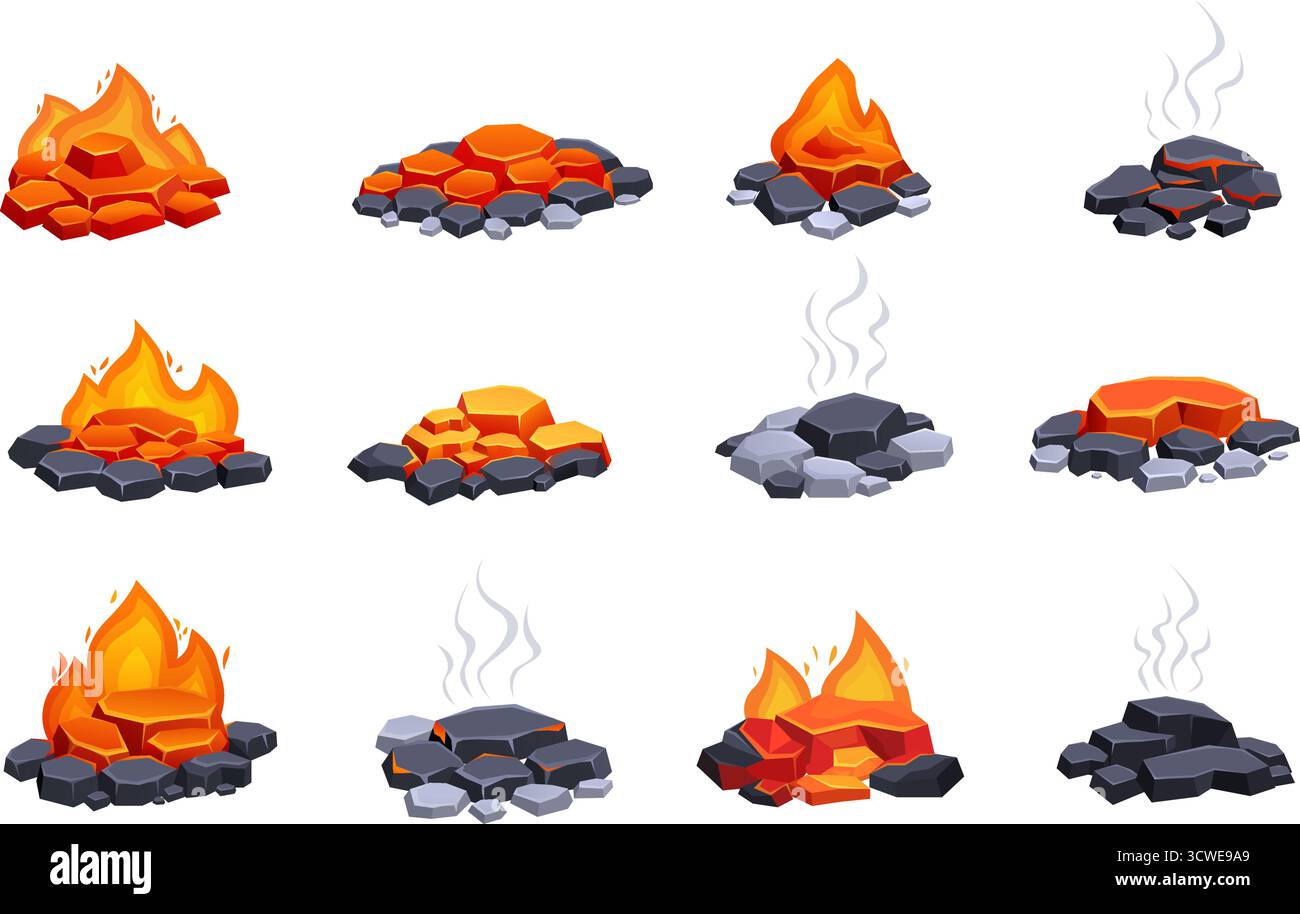 Carboni ardenti. Carbone spento, pile di carboni rossi a combustione calda. Elementi antincendio per camino, forno, fuoco da campeggio o barbecue. Incendi e fumo, sap Illustrazione Vettoriale