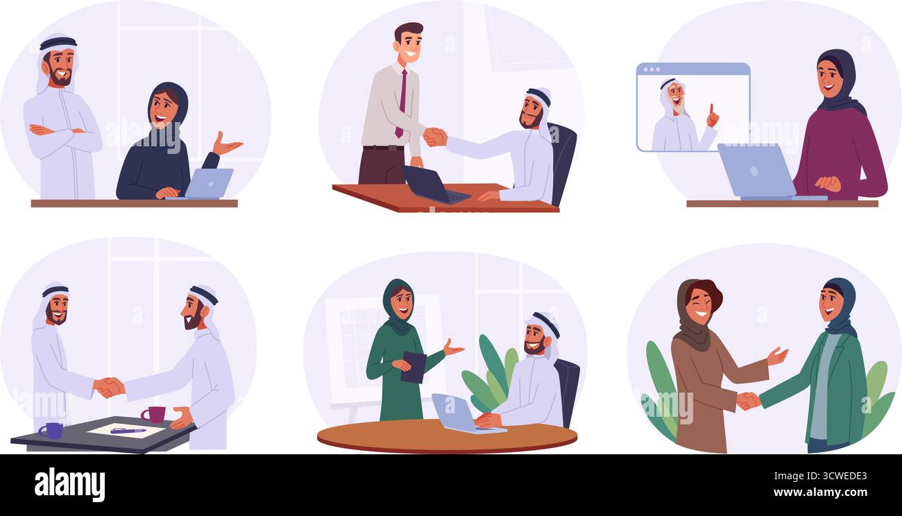Affari arabi. Connessione professionale di carattere musulmano esatta vettoriale persone arabe opere d'arte originali Illustrazione Vettoriale