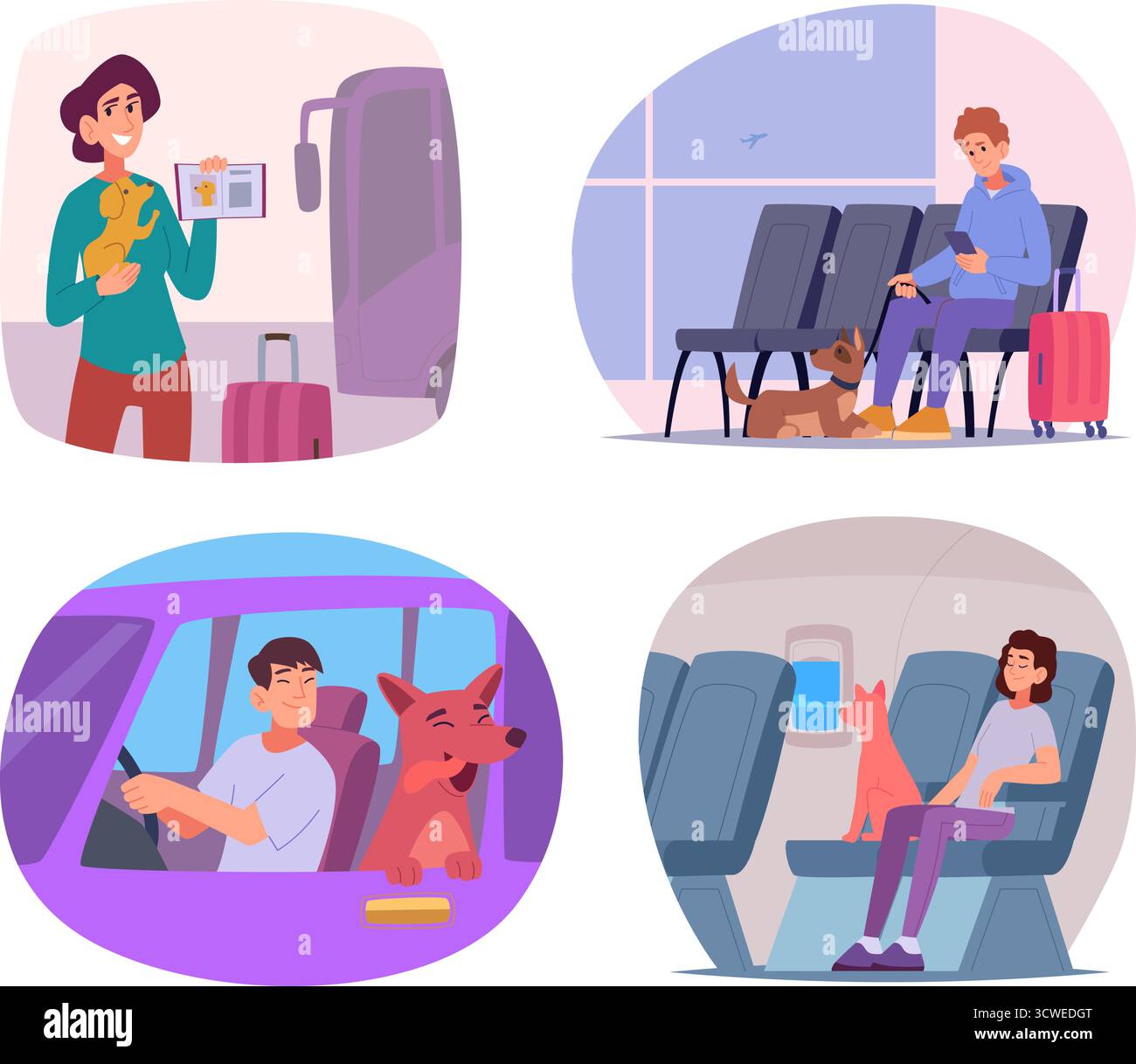 Viaggia con il cane. I proprietari di animali domestici che viaggiano con animali domestici. Animali in scatole di gabbia per avventure di viaggio modello vettoriale esatto opere d'arte originali Illustrazione Vettoriale