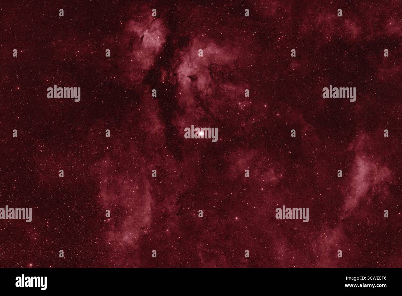 Nuvole di nebulosa di emissione circondano la luminosa stella supergigante Sadr (centro) nella costellazione di Cygnus. Immagine telescopio ad alta risoluzione in banda stretta HIII fotografata da Londra, Regno Unito, l'11 ottobre 2025. Foto Stock
