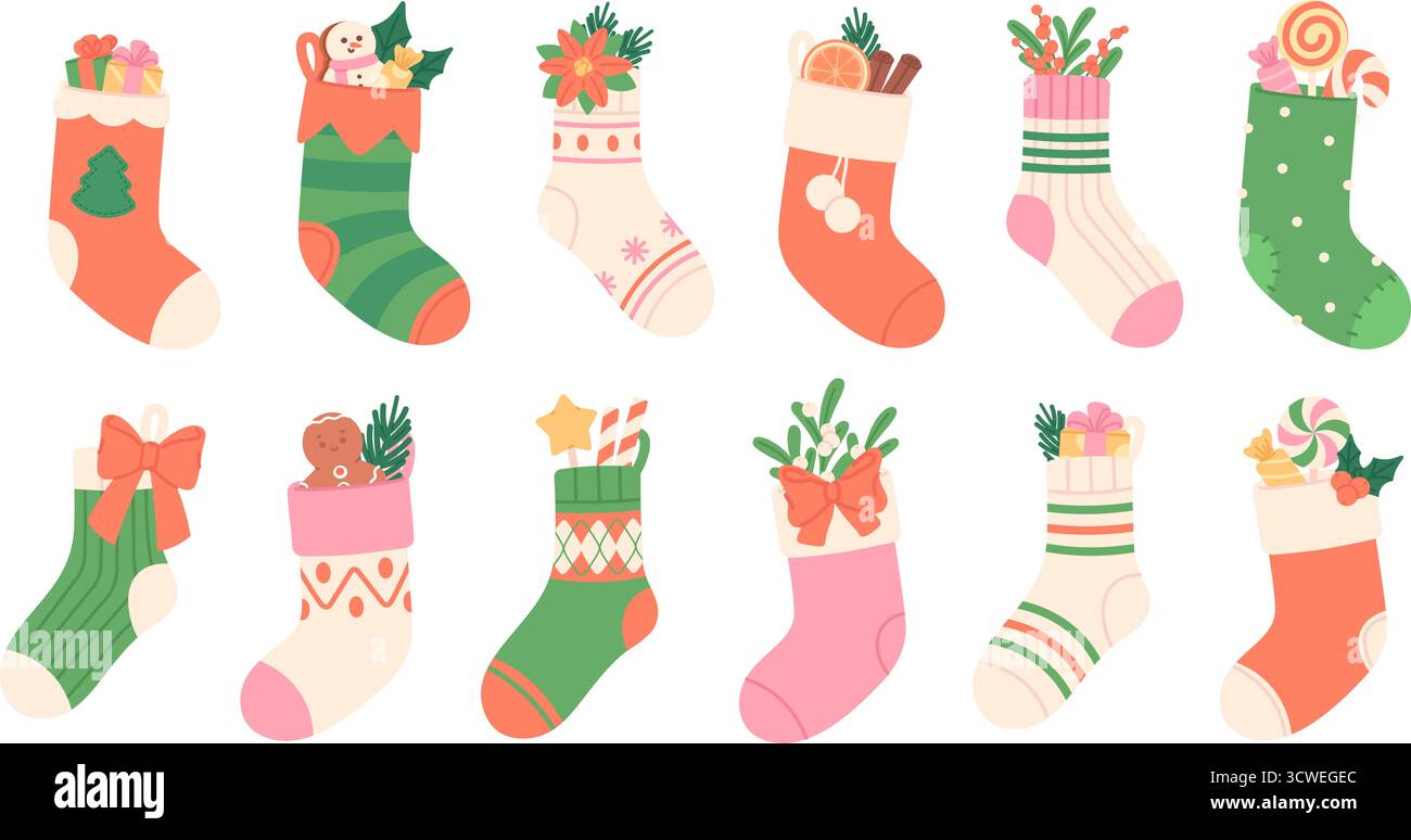 Calzini di Natale. Calzino in lana con regali natalizi, dolci e piante. Decorazioni per la casa del nuovo anno per caminetto. Cartoni animati per regali, set vettoriale Illustrazione Vettoriale