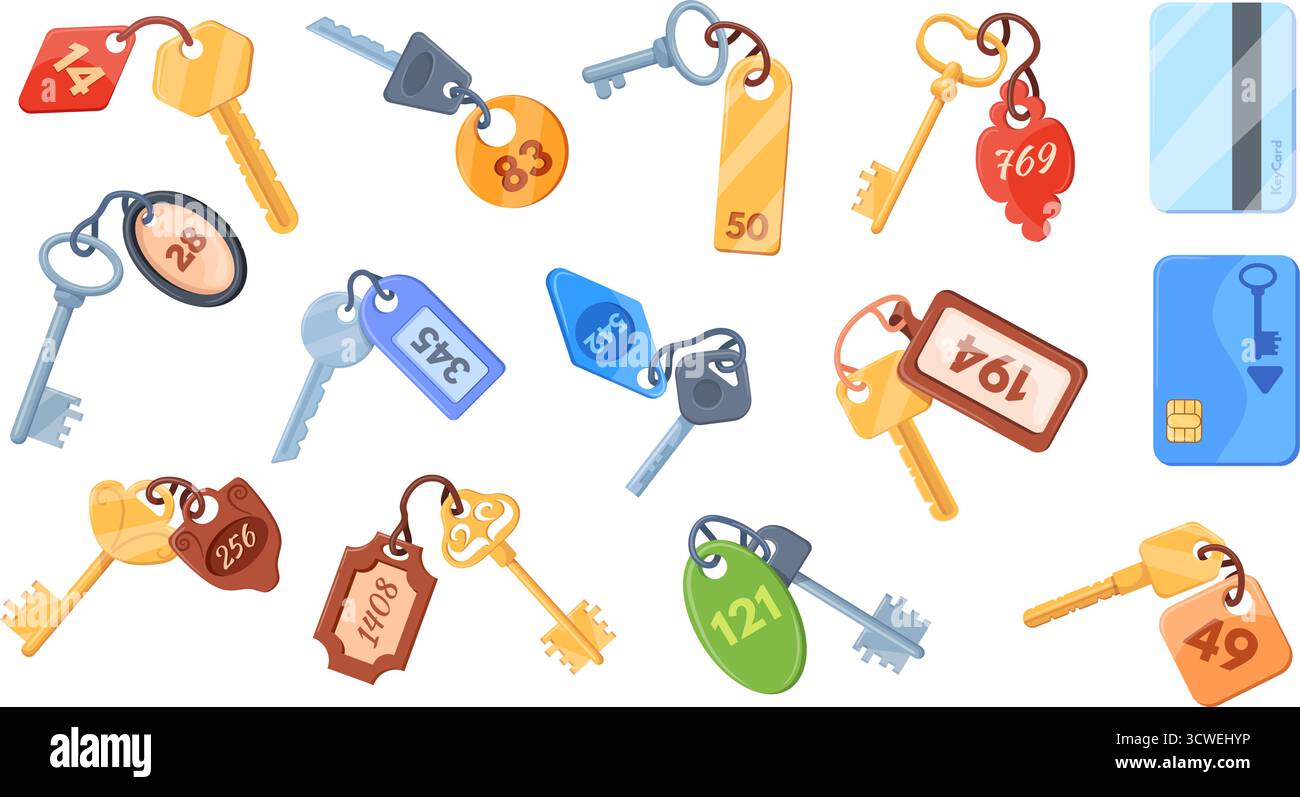 Chiavi dell'hotel. Chiave del motel con numero di camera sull'etichetta, tessera di sicurezza per gli appartamenti da viaggio, tecnologia di sicurezza, etichette portachiavi portachiavi catena di ciondoli portachiavi Illustrazione Vettoriale