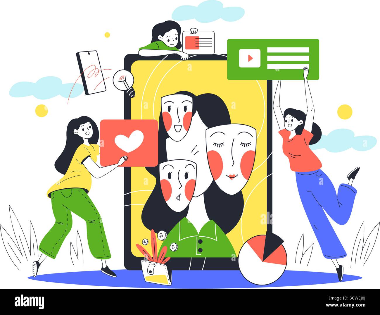 Marchio personale. Creazione di marchi femminili, identità del profilo dei social media presenza online consapevolezza della reputazione pubblica pubblicità narrativa individuale Illustrazione Vettoriale