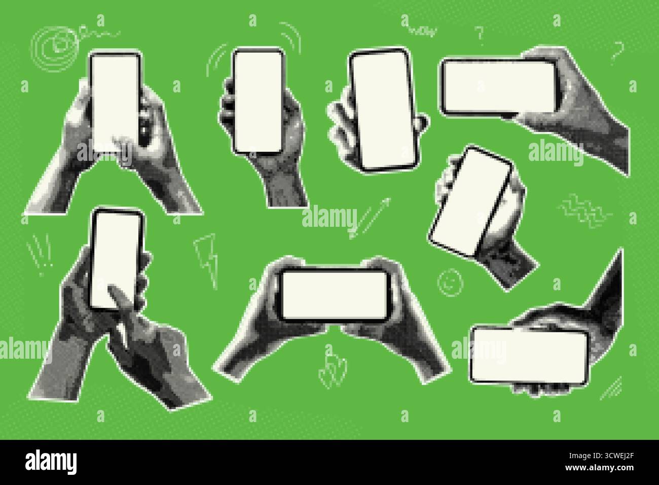 Collage mezzitoni smartphone. Telefono portatile, schermo cellulare mockup social media telefono app mobile mista carta retro notizie pop art adesivo ritaglio Illustrazione Vettoriale