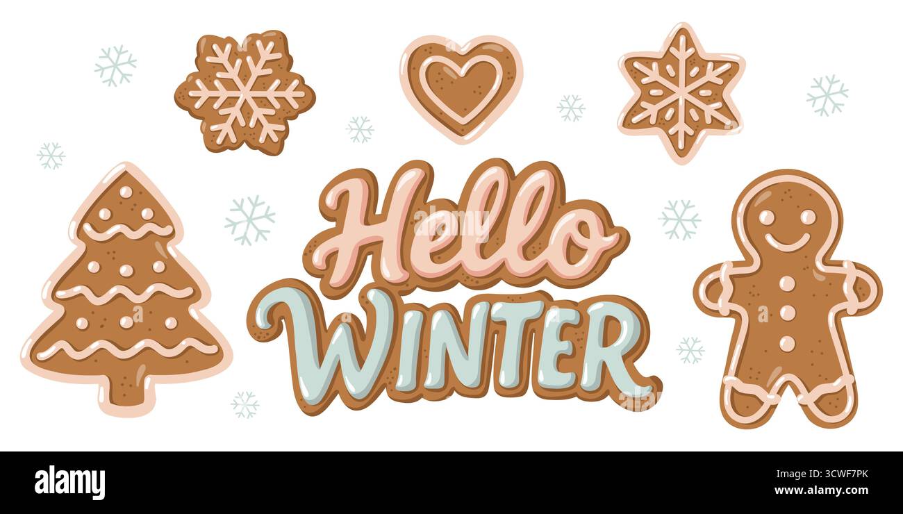 Biscotti invernali trafilati a mano con gingerbread, cuore, albero e fiocchi di neve. Illustrazione vettoriale cartoni animati su sfondo bianco. Illustrazione Vettoriale