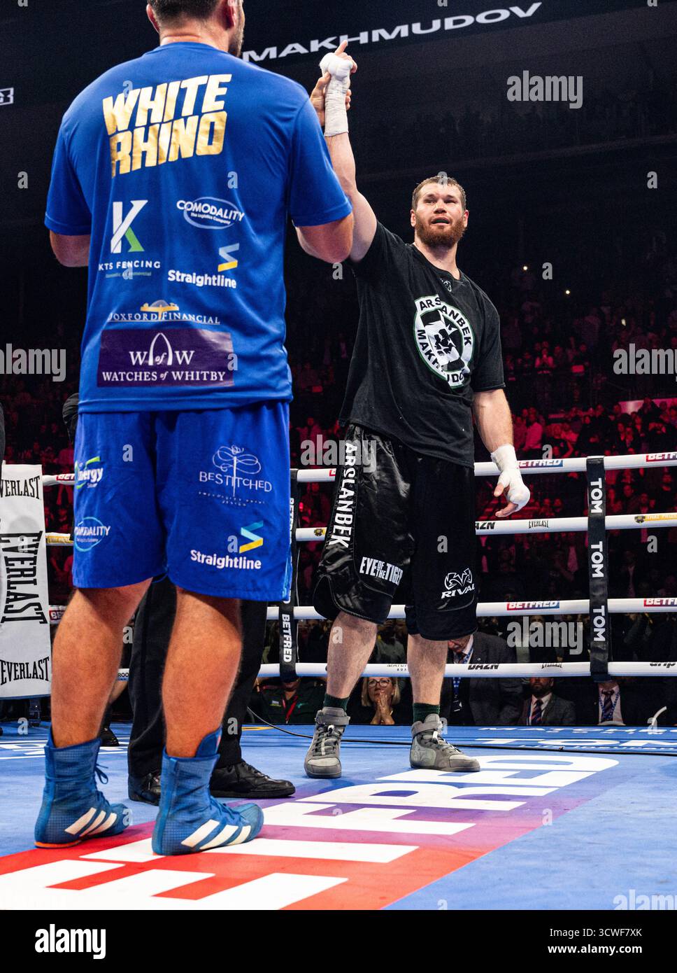 Utilita Arena, Sheffield, Regno Unito. 11 ottobre 2025. Matchroom Boxing, Dave Allen contro Arslanbek Makhmudov; Arslanbek Makhmudov celebra la vittoria del titolo intercontinentale WBA contro David Allen Credit: Action Plus Sports/Alamy Live News Foto Stock