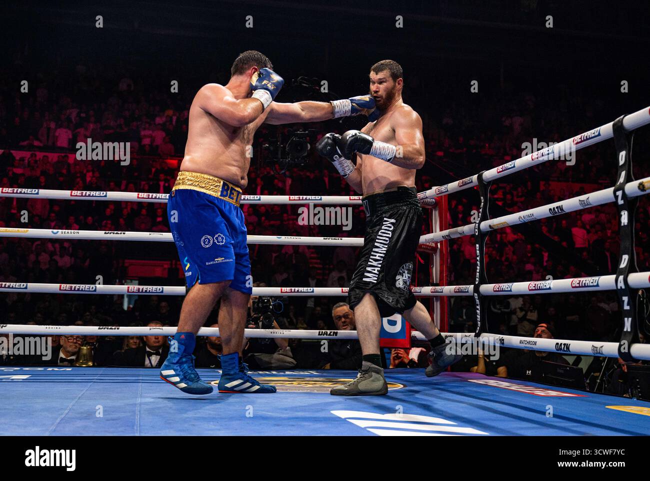 Utilita Arena, Sheffield, Regno Unito. 11 ottobre 2025. Matchroom Boxing, Dave Allen contro Arslanbek Makhmudov; David Allen sbarca un jab nel WBA Inter-Continental Heavyweight Title contro Arslanbek Makhmudov Credit: Action Plus Sports/Alamy Live News Foto Stock