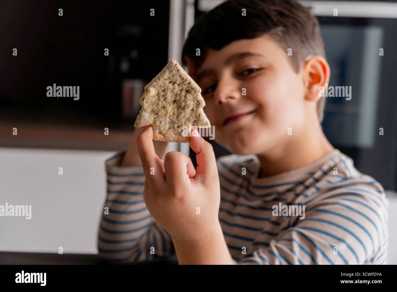 Alfa generazione ragazzo che mostra biscotti fatti in casa con la forma dell'albero di natale Foto Stock