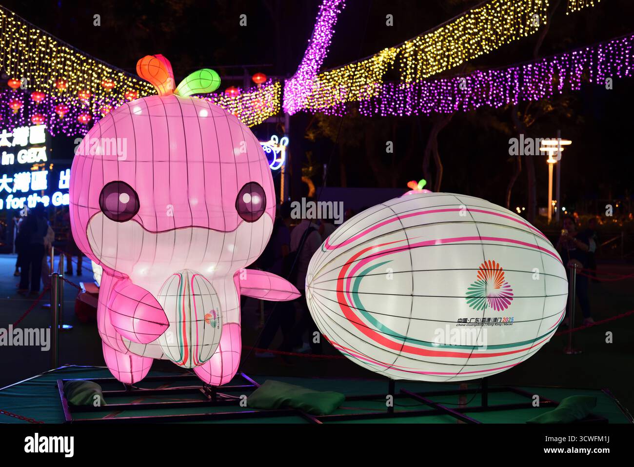 Lerongrong, mascotte ufficiale dei XV Giochi nazionali del popolo della Cina, ha una palla da rugby illuminata nel victoria Park, Hong Kong Foto Stock