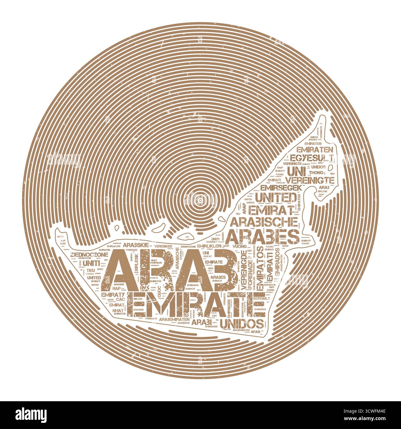 Immagine vettoriale degli Emirati Arabi Uniti. Design del logo rotondo del paese. Poster degli Emirati Arabi Uniti con archi circolari e nuvola di parole. Illustrazione vettoriale di classe. Illustrazione Vettoriale