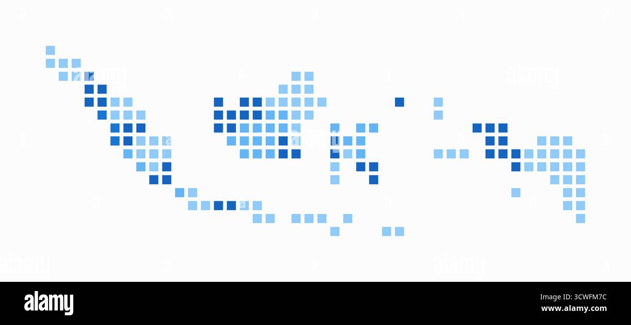 Mappa punteggiata dell'Indonesia. Mappa digitale del paese su sfondo bianco. Forma indonesiana con punti quadrati. Stile puntini colorati. Illustrazione Vettoriale