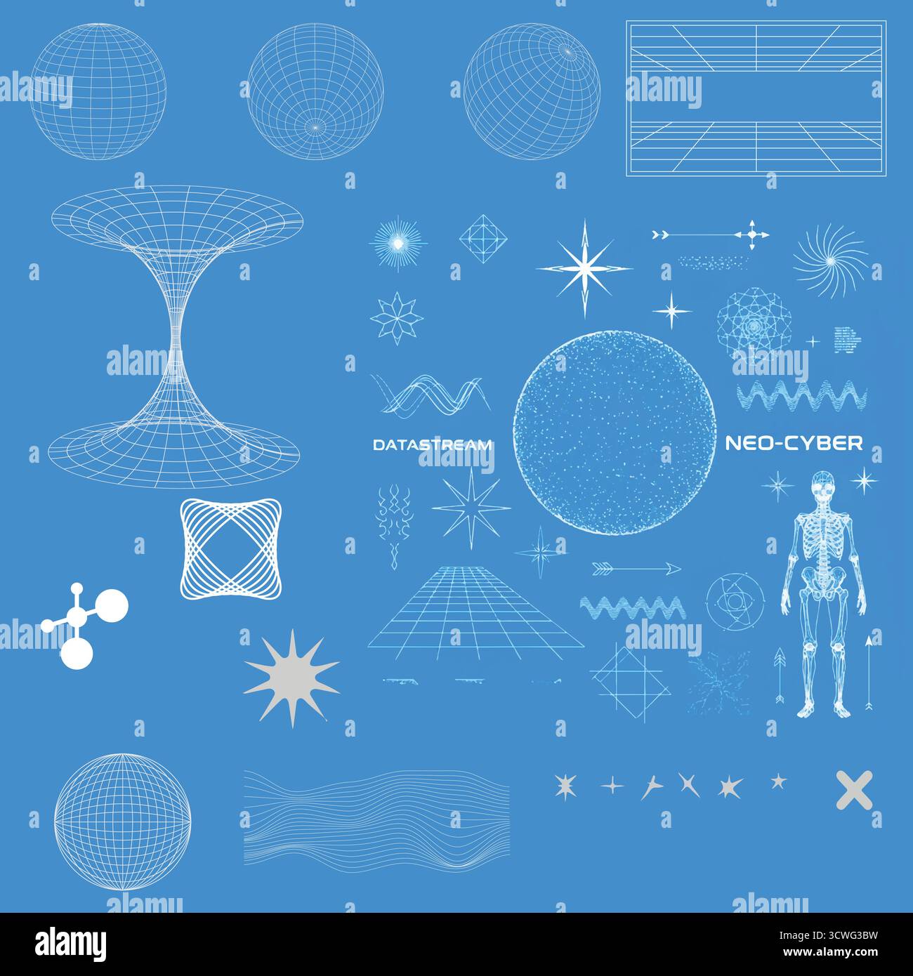 Collezione Vector Y2K retrofuturistica - forme geometriche 3D, glitter psichedelico acido ed effetti liquidi Illustrazione Vettoriale