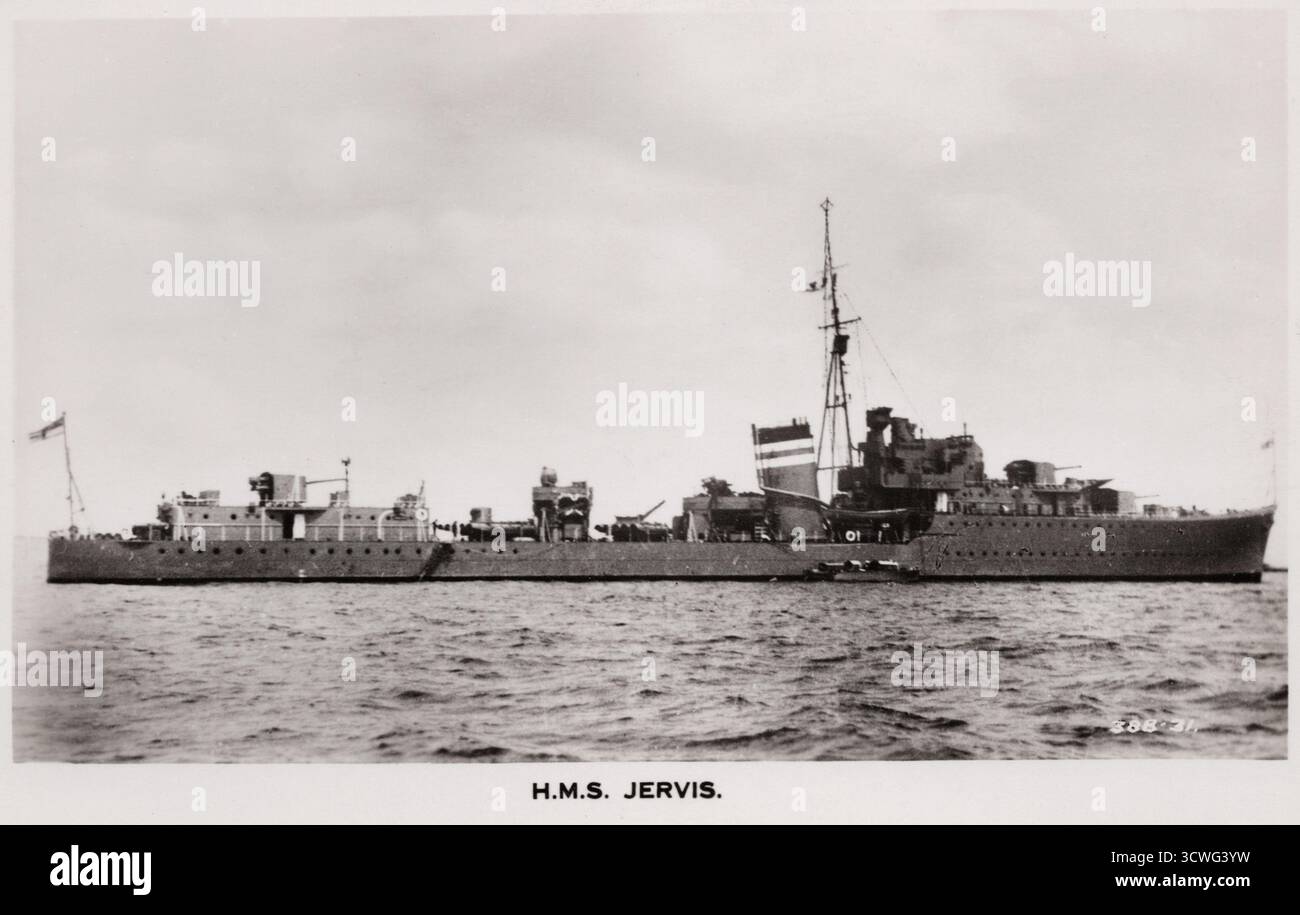 Cacciatorpediniere della Royal Navy H.M.S. Jervis, cartolina degli anni '1940 circa. Foto Stock