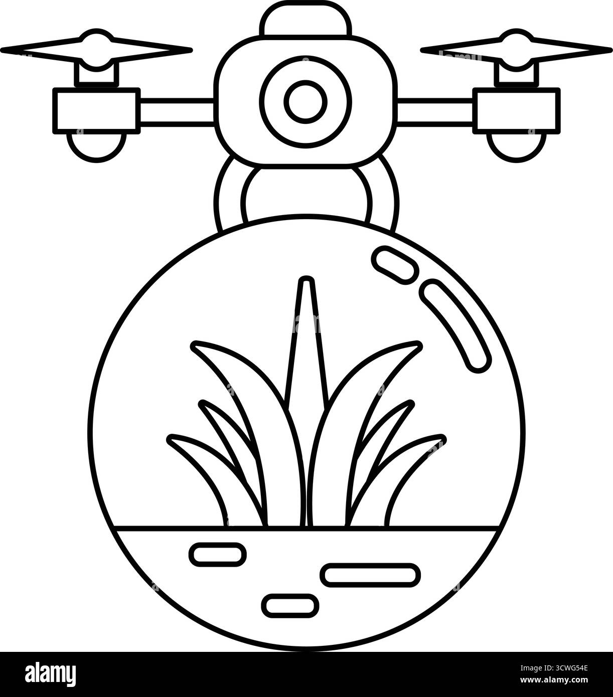 Un drone sta sorvolando una pianta. Il drone è bianco e nero. La pianta è verde e ha uno stelo Illustrazione Vettoriale