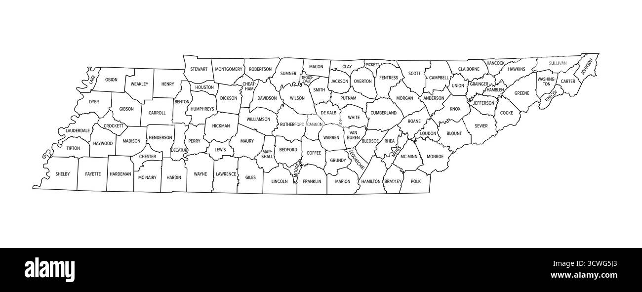 Stato del Tennessee, suddiviso in 95 contee, delinea la mappa con i confini e i nomi delle contee. Stato senza sbocco sul mare nella regione sud-orientale degli Stati Uniti. Foto Stock