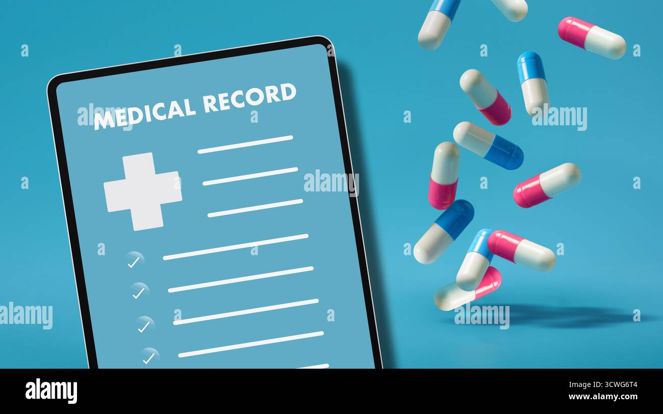 Modello di lista di controllo per la cartella clinica linee di icone incrociate sfondo blu modulo sanitario per i dati dei pazienti, le cliniche ospedaliere, l'assicurazione Foto Stock