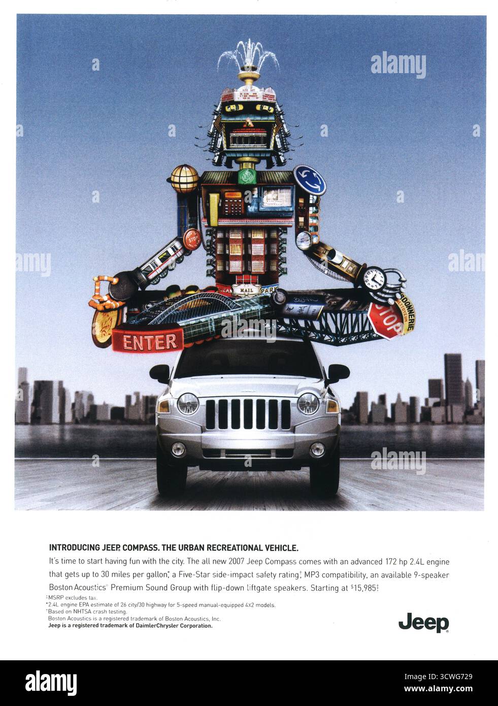 L'annuncio della campagna 2007 Jeep Compass.Urban Playground presenta un personaggio simile a un robot Foto Stock