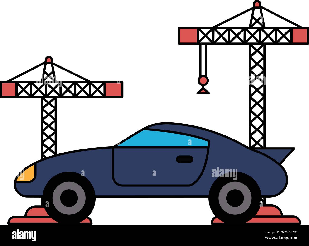 Si sta costruendo un'auto in una fabbrica con gru sullo sfondo. L'auto è un modello piccolo ed elegante con una combinazione di colori bianco e nero. La scena è una di Illustrazione Vettoriale