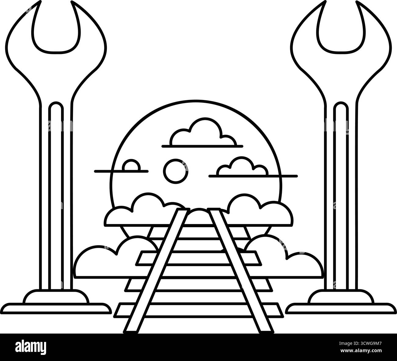 Un binario ferroviario con una luna nel cielo e un paio di chiavi. Le chiavi si trovano sul lato destro del binario del treno Illustrazione Vettoriale