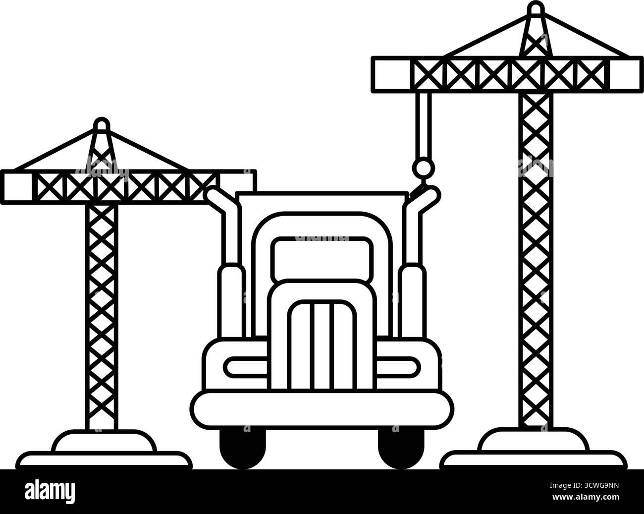 Un disegno in bianco e nero di un camion e due gru. Il carrello è posizionato tra le due gru, con una gru sul lato sinistro e l'altra accesa Illustrazione Vettoriale