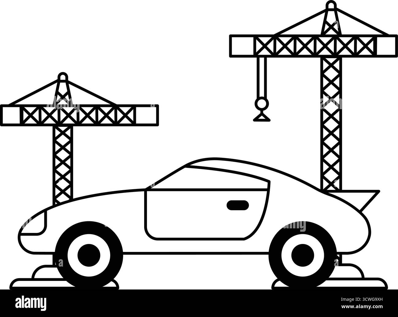 Si sta costruendo un'auto in una fabbrica con gru sullo sfondo. L'auto è un modello piccolo ed elegante con una combinazione di colori bianco e nero. La scena è una di Illustrazione Vettoriale