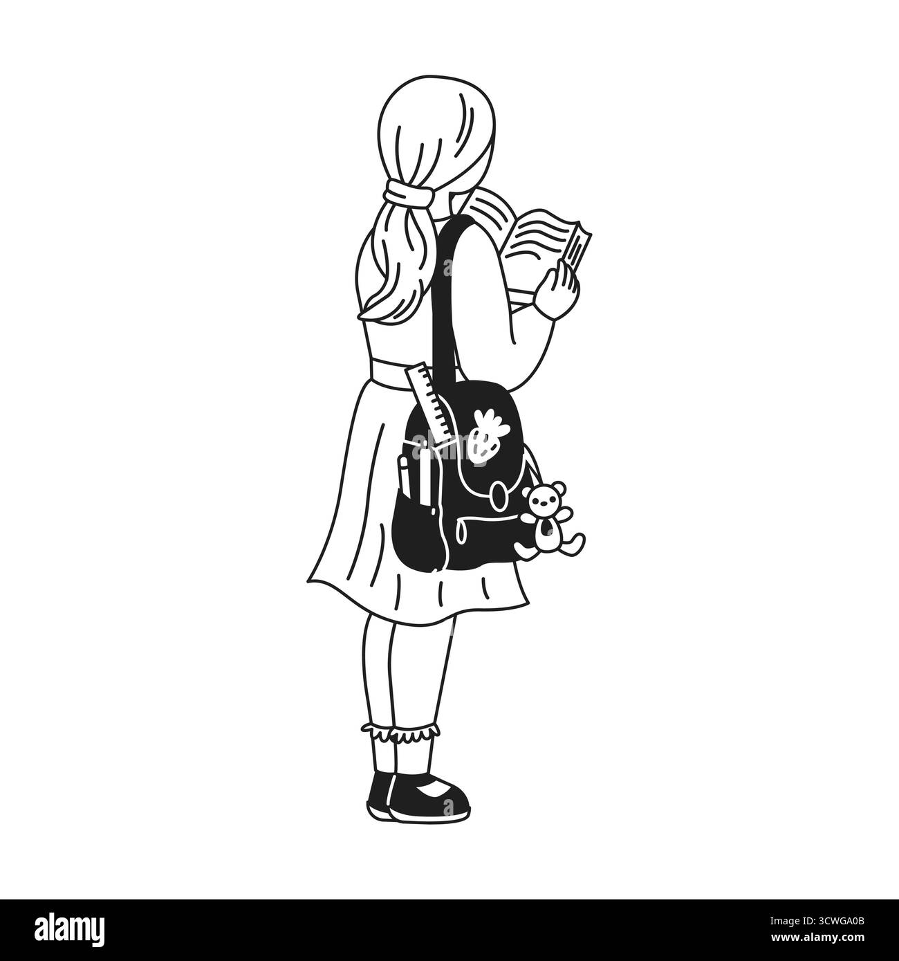 Illustrazione in bianco e nero di una ragazza che tiene un libro. Porta con sé uno zaino con i rifornimenti scolastici. I suoi capelli sono in una coda di cavallo, creando un bancomat studioso Illustrazione Vettoriale