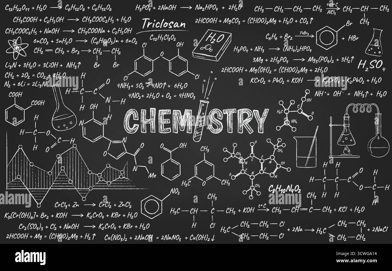 Lavagna dettagliata riempita con equazioni chimiche e strutture molecolari in bianco su sfondo scuro. Tema educativo e scientifico per la chimica Illustrazione Vettoriale