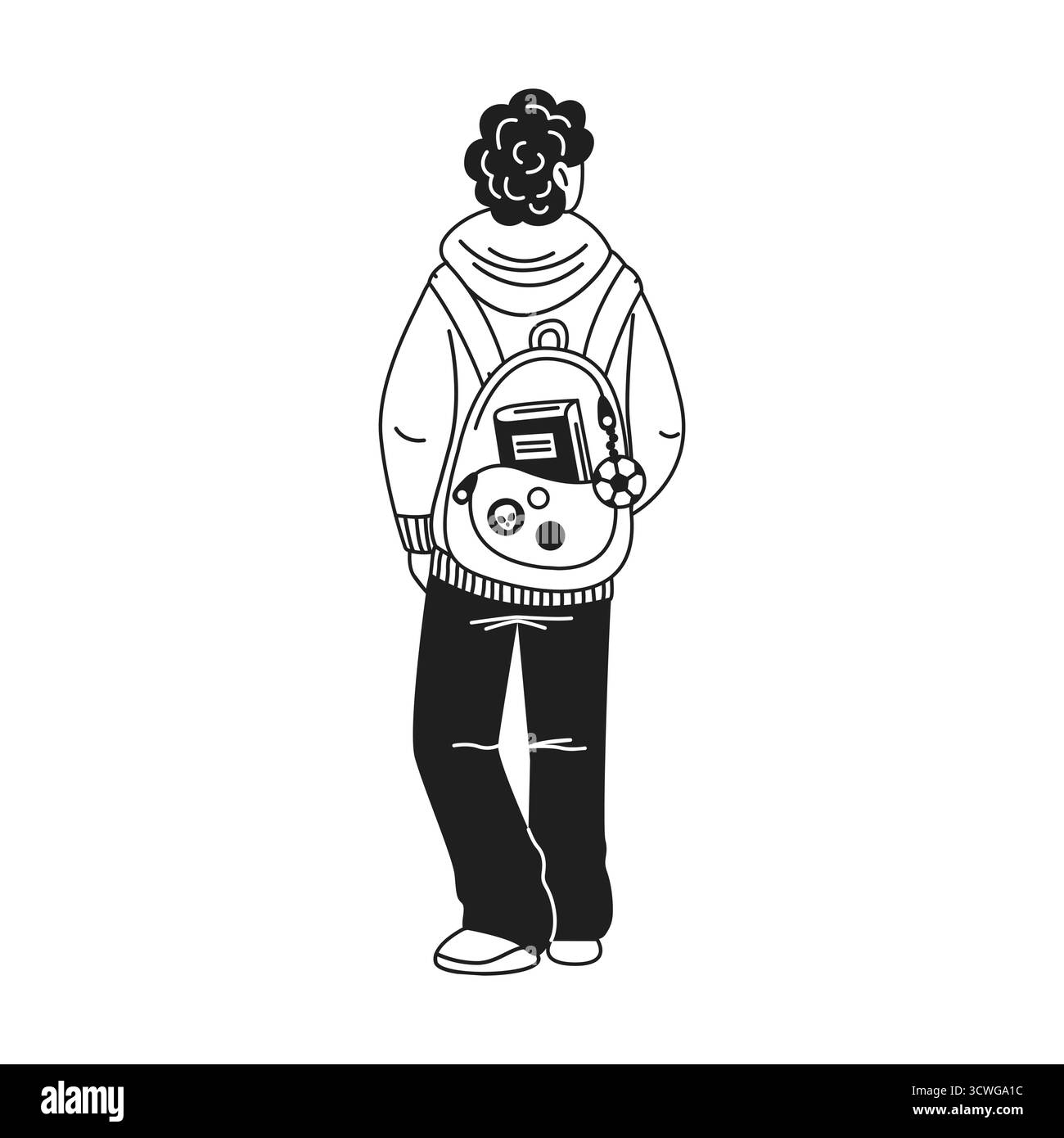 Illustrazione monocromatica di un adolescente con uno zaino. Il personaggio si staglia in modo informale con una giacca e dei distintivi visibili. Perfetto per i temi della cultura giovanile e Illustrazione Vettoriale