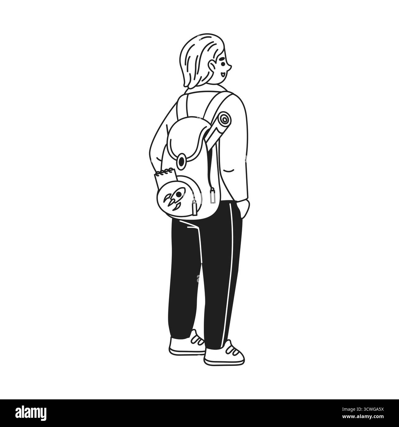 Illustrazione stilizzata di un giovane viaggiatore con zaino e oggetti per l'avventura. Line art monocromatica con particolare attenzione all'esplorazione. Ideale per gli avventurieri Illustrazione Vettoriale