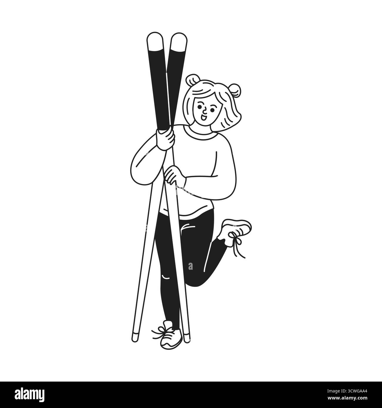 Una ragazza dei cartoni animati regge allegramente gli sci. Indossa abiti invernali casual. Stilizzato in un disegno in bianco e nero. Perfetto per i contenuti di sport invernali. Illustrazione Vettoriale