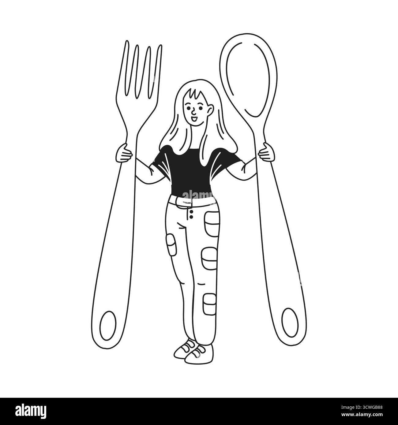 Illustrazione di un cartone animato di una ragazza sorridente mentre tiene in mano una forchetta e un cucchiaio giganti. I contorni in bianco e nero creano un'atmosfera divertente su un dorso bianco Illustrazione Vettoriale