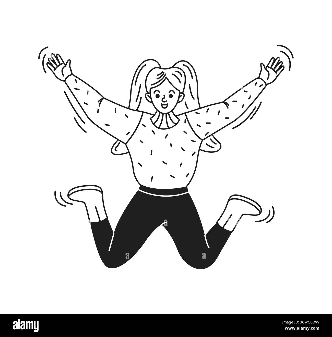 Ragazza animata con coda di cavallo che salta con gioia, si attacca indossando un maglione e pantaloni casual. Disegni in linea in bianco e nero su uno sfondo semplice, cattura Illustrazione Vettoriale
