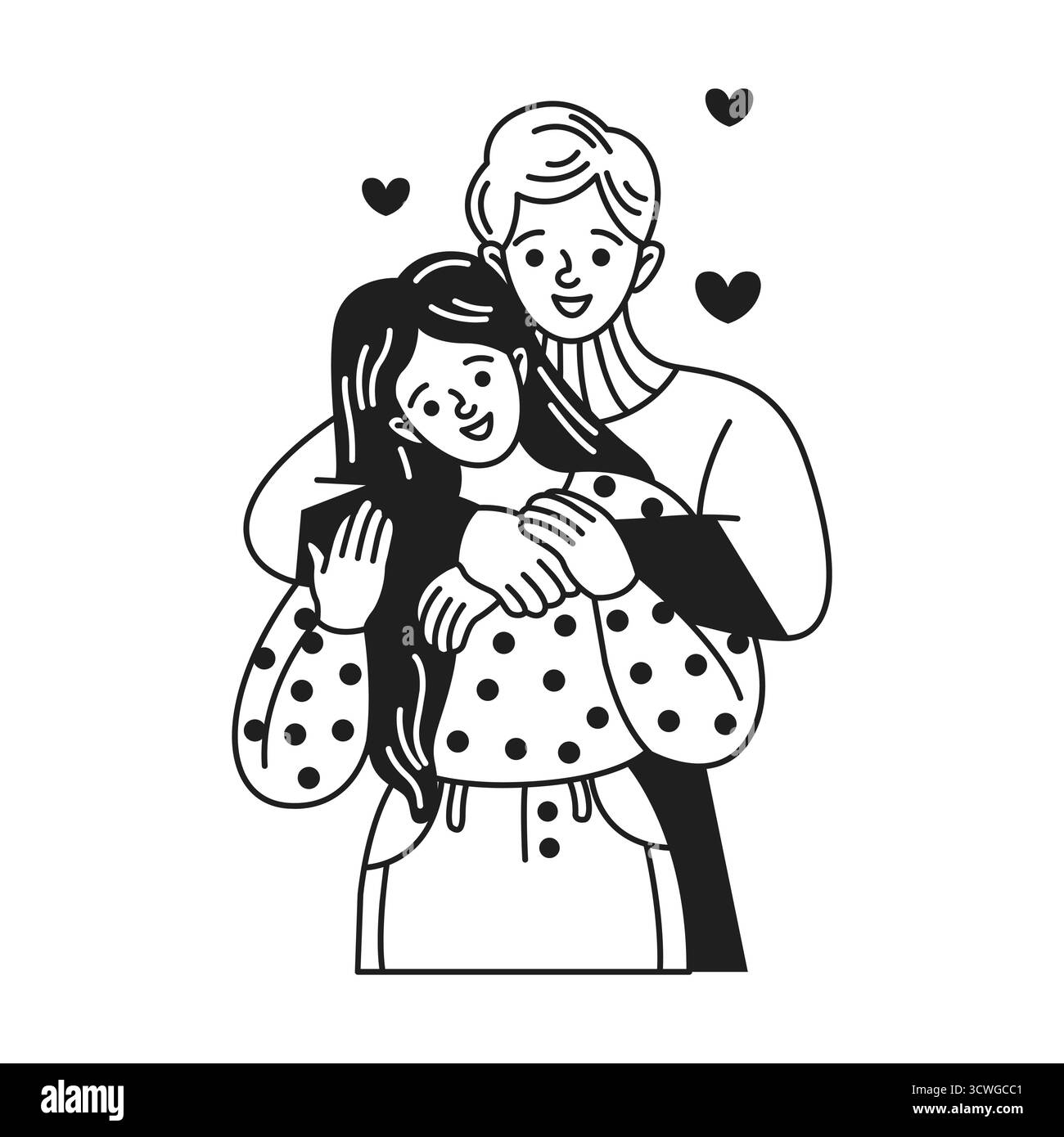 Illustrazione in bianco e nero di una coppia che si abbraccia felicemente. I cuori intorno a loro simboleggiano l'amore. Il design minimalista cattura la connessione emotiva e la distorsione Illustrazione Vettoriale
