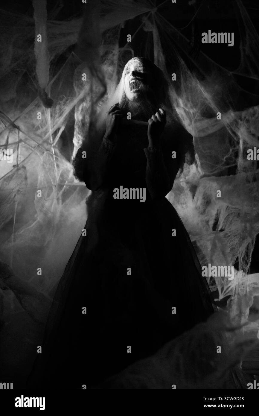 Donna spaventata intrappolata nella ragnatela su sfondo nero. copia spazio. foto in bianco e nero Foto Stock