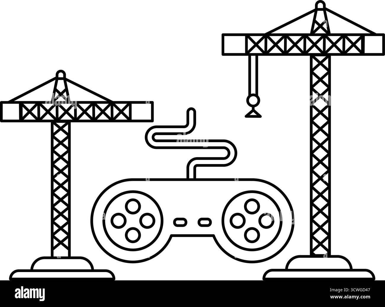 Un cantiere con gru e un controller per videogiochi. Il controller si trova sul lato destro dell'immagine Illustrazione Vettoriale
