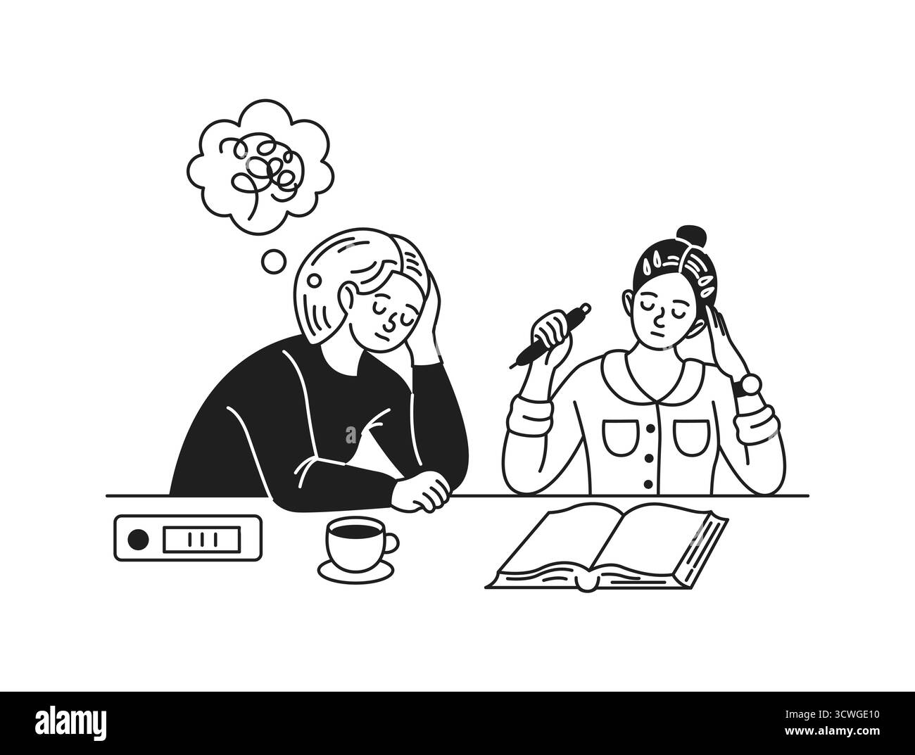 Due donne sedute a un tavolo, nel profondo dei pensieri. Si ha un'espressione confusa con una bolla di pensiero. L'altro sta tenendo una penna sopra un libro aperto. Blac Illustrazione Vettoriale