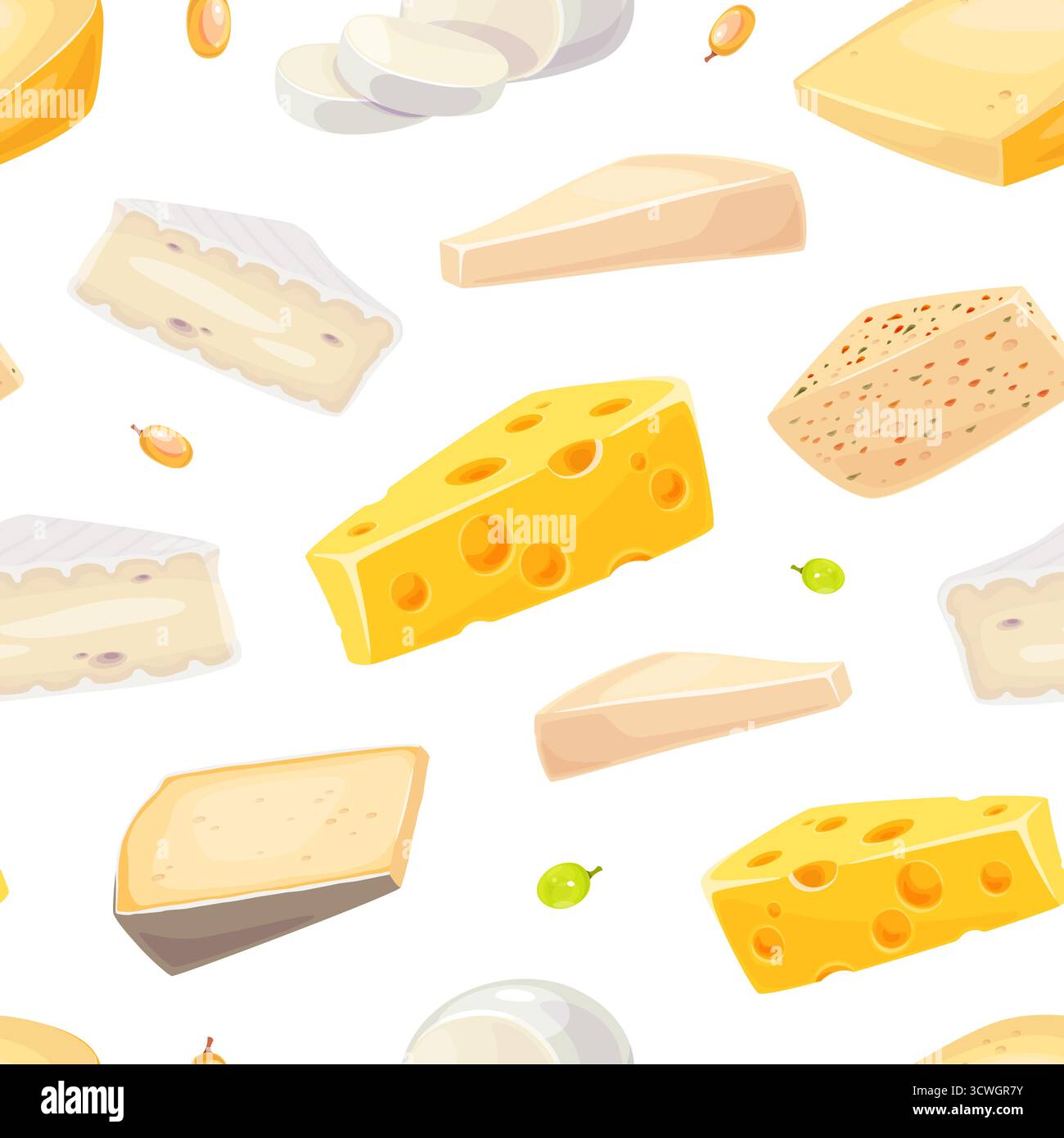 Tipi di formaggio senza cuciture. Prodotti lattiero-caseari ripetuti, varietà diverse, cibo gourmet, brie, maasdam, tessuto da cucina, carta da imballaggio, confezione Illustrazione Vettoriale