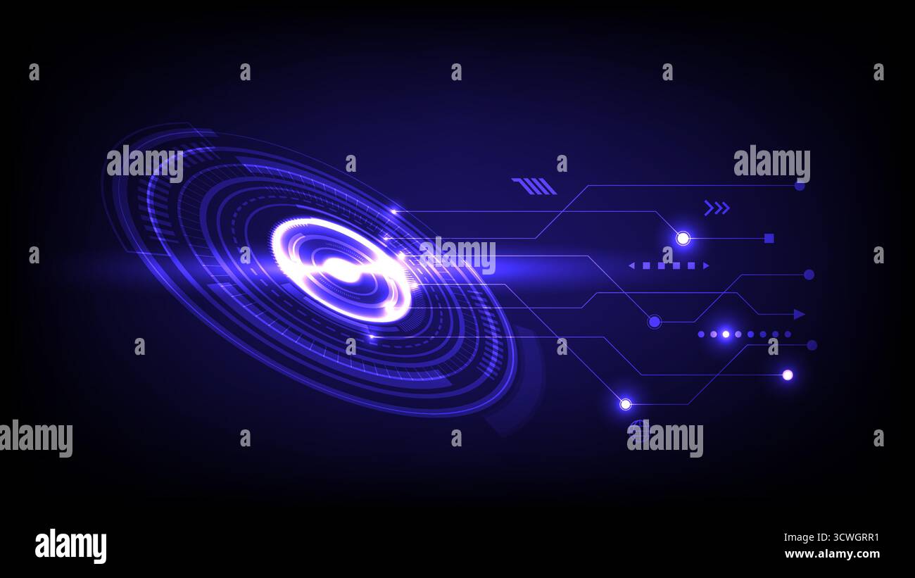 Sfondo digitale astratto con interfaccia circolare blu brillante e linee di flusso dati in stile hi-tech, illustrazione vettoriale Illustrazione Vettoriale Sfondo digitale astratto con interfaccia circolare blu brillante e linee di flusso dati in stile hi-tech, illustrazione vettoriale Illustrazione Vettoriale