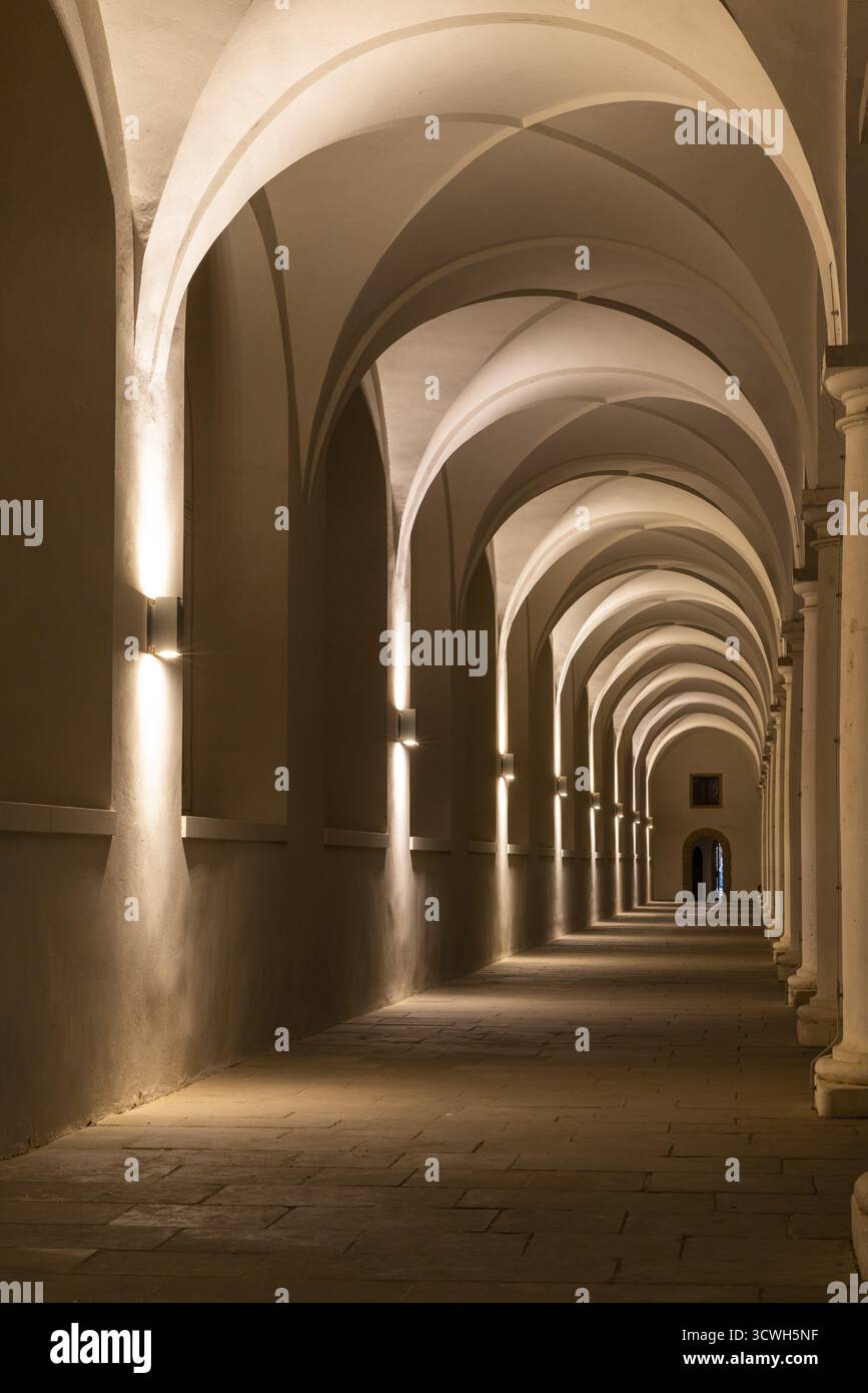 Pilastri e arco nel cortile stabile, luce artificiale, Residenzschloss, Neustadt, Dresda, Sassonia, Germania Foto Stock
