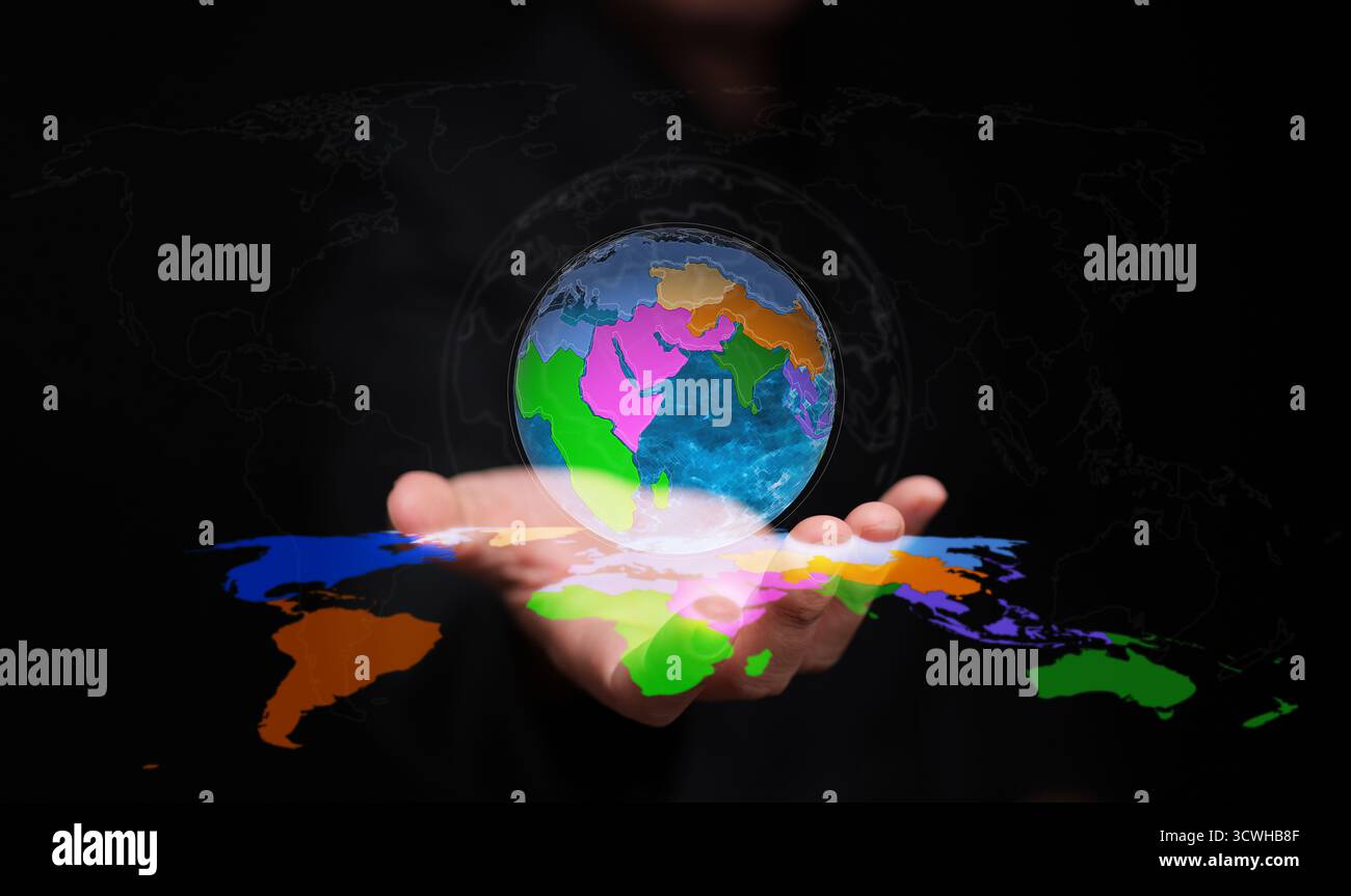Globo olografico futuristico con divisioni regionali rappresenta il regionalismo, il commercio mondiale e la crescita sostenibile attraverso la cooperazione internazionale e. Foto Stock