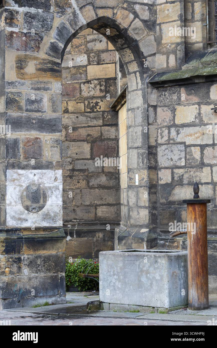 Roehrfahrtbrunnen di fronte alla Frauenkirch, Piazza del mercato, città vecchia, Meissen, Sassonia, Germania Foto Stock