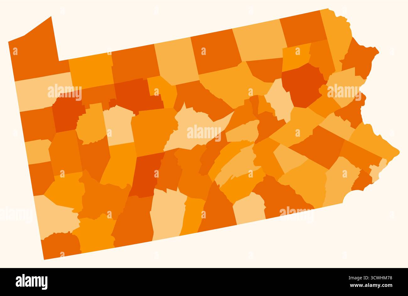 Mappa della Pennsylvania con le contee. Solo una semplice mappa del confine di stato con la divisione della contea. Tavolozza dei colori arancione. Illustrazione Vettoriale