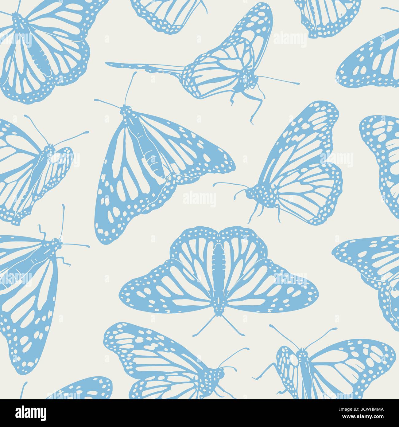Motivo vintage senza cuciture con farfalle Monarch blu disegnate a mano su sfondo beige Illustrazione Vettoriale
